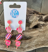 Load image into Gallery viewer, Jenny Pickleball Paddle and Ball Triple Linked Enamel Dangle Earrings.
