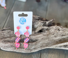 Load image into Gallery viewer, Jenny Pickleball Paddle and Ball Triple Linked Enamel Dangle Earrings.
