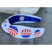 Load image into Gallery viewer, Patriotic Baseball Seed Beaded Top Knot Headband - OBX Prep

