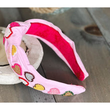 Load image into Gallery viewer, Valentine&#39;s Day Seed Beaded Conversation Hearts Top Knot Pink Headband - OBX Prep
