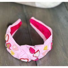 Load image into Gallery viewer, Valentine&#39;s Day Seed Beaded Conversation Hearts Top Knot Pink Headband - OBX Prep
