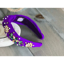 Load image into Gallery viewer, Mardi Gras Jeweled Hand Sewn Top Knot Purple Headband - OBX Prep
