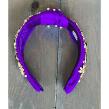 Load image into Gallery viewer, Mardi Gras Jeweled Hand Sewn Top Knot Purple Headband - OBX Prep
