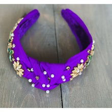 Load image into Gallery viewer, Mardi Gras Jeweled Hand Sewn Top Knot Purple Headband - OBX Prep
