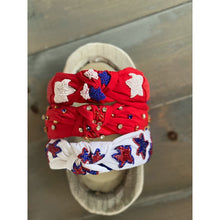 Load image into Gallery viewer, Patriotic Red, White, and Blue Jeweled Top Knot Red Headband 4th of July - OBX Prep
