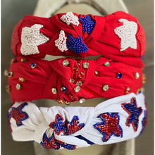 Load image into Gallery viewer, Patriotic Red, White, and Blue Jeweled Top Knot Red Headband 4th of July - OBX Prep
