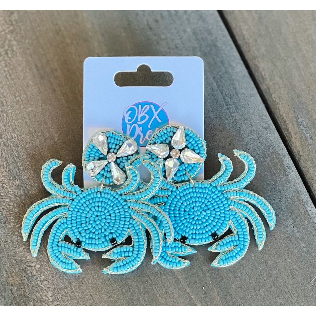 Blue Crab Seed Beaded Beachy Prep Dangle Earrings - OBX Prep