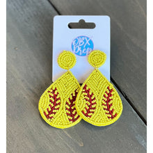 Load image into Gallery viewer, Softball Teardrop Seed Beaded Dangle Earrings - OBX Prep
