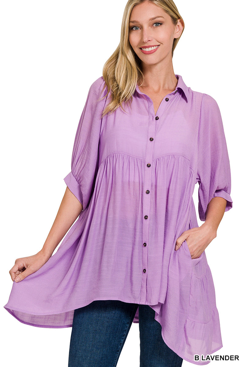 Tiered Back Hi-Low Hem Button Front Tunic Top