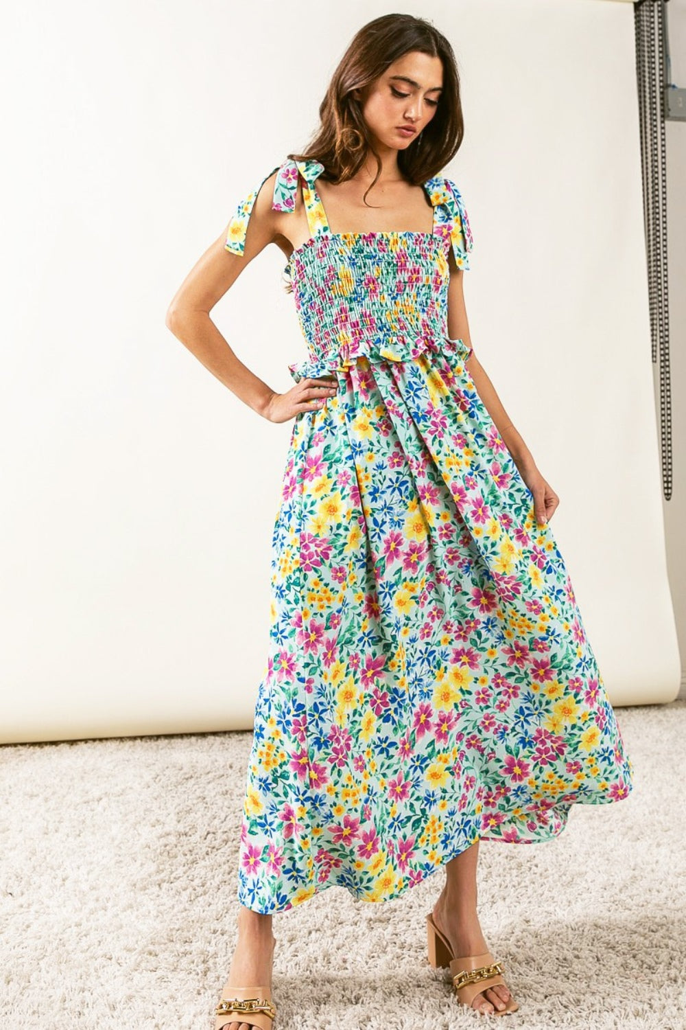 Floral Ruffle Trim Smocked Cami Dress Rebecca's Dresses Floral Ruffle Trim Smocked Cami Dress Rebecca's Dresses
