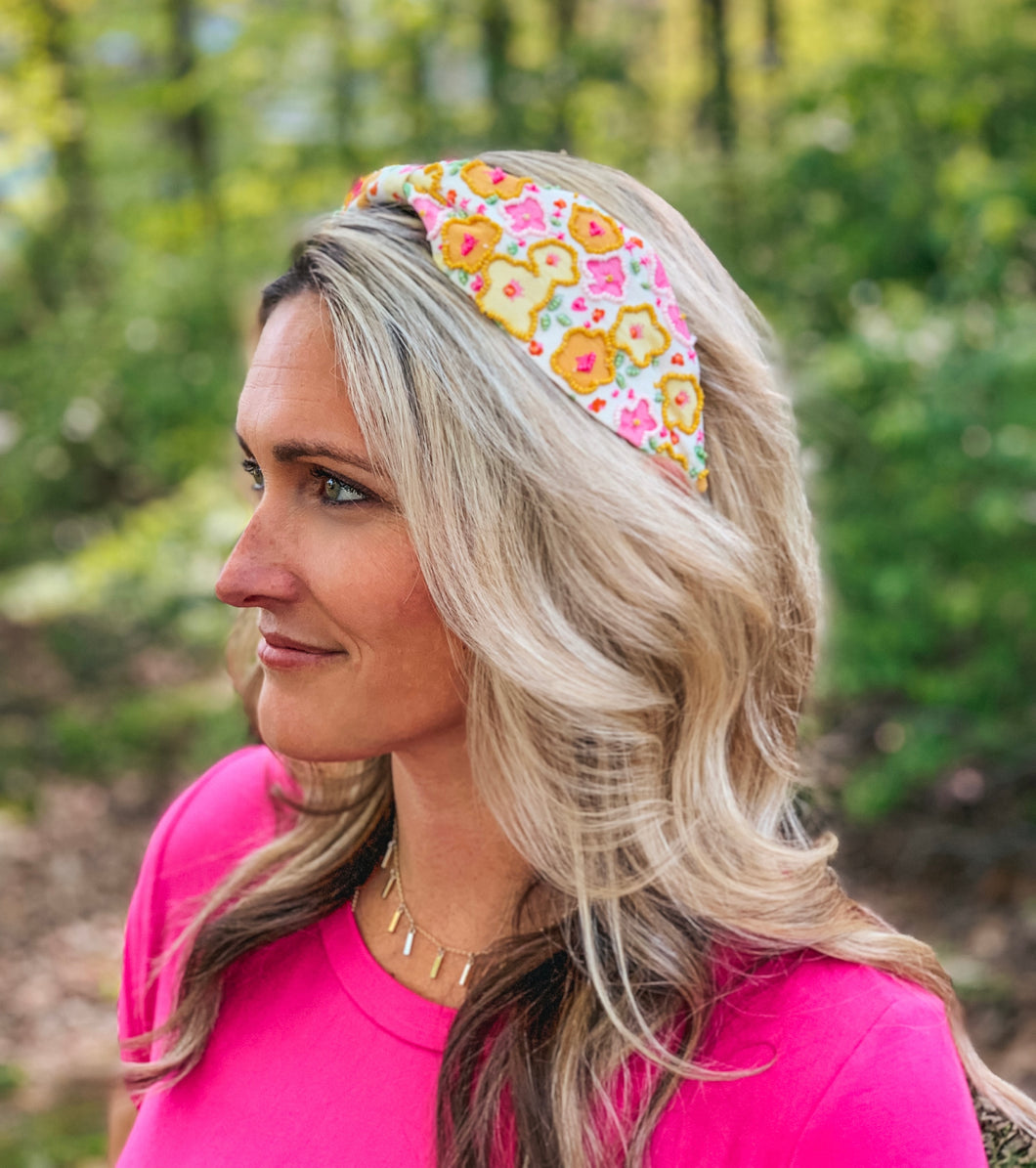 Floral Pink and Yellow Seed Beaded Top Knot Headband