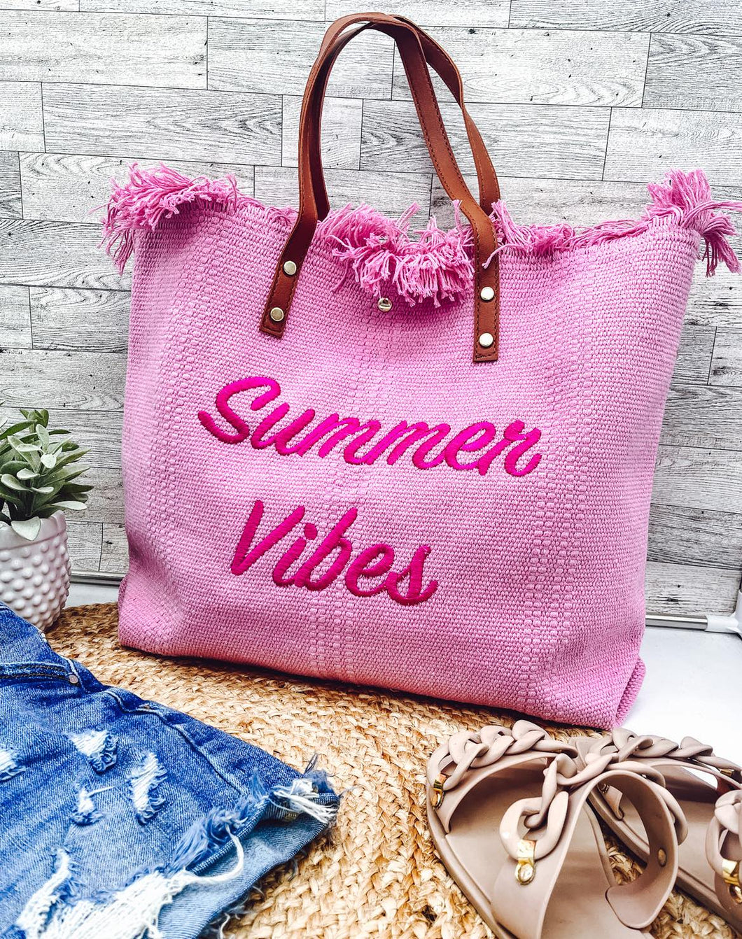 Summer Vibes Embroidered Knitted Canvas Tote