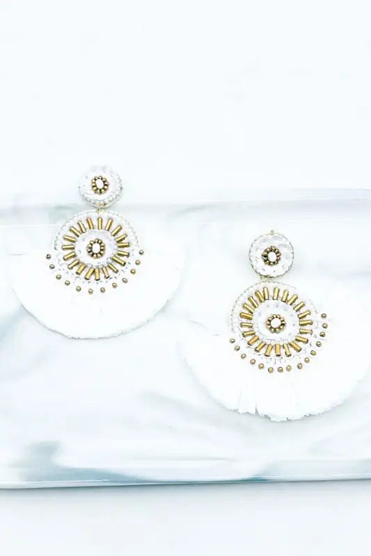White Raffia Fringe Sequin Flower Disc Drop Earrings